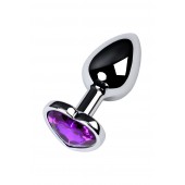 Серебристая коническая анальная пробка с фиолетовым кристаллом-сердечком - 7 см. - ToyFa - купить с доставкой в Одинцово