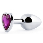 Серебристая анальная пробка с фиолетовым кристаллом-сердечком - 8 см. - Anal Jewelry Plug - купить с доставкой в Одинцово