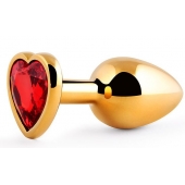 Золотистая анальная пробка с красным стразом-сердечком - 8 см. - Anal Jewelry Plug - купить с доставкой в Одинцово