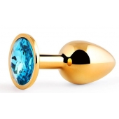 Золотистая анальная пробка с голубым стразом - 7,2 см. - Anal Jewelry Plug - купить с доставкой в Одинцово