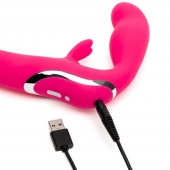 Ярко-розовый безремневой страпон Rechargeable Vibrating Strapless Strap-On - Happy Rabbit - купить с доставкой в Одинцово