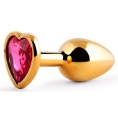 Золотистая анальная пробка с малиновым кристаллом-сердечком - 7 см. - Anal Jewelry Plug - купить с доставкой в Одинцово