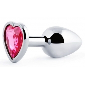 Серебристая анальная пробка с малиновым кристаллом-сердечком - 7 см. - Anal Jewelry Plug - купить с доставкой в Одинцово