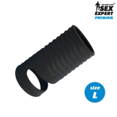 Черная открытая насадка на пенис с кольцом для мошонки L-size - 8,5 см. - Sex Expert - в Одинцово купить с доставкой