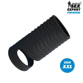 Черная открытая насадка на пенис с кольцом для мошонки XXL-size - 9,4 см. - Sex Expert - в Одинцово купить с доставкой