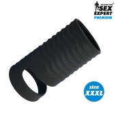 Черная открытая насадка на пенис с кольцом для мошонки XXXL-size - 9,9 см. - Sex Expert - в Одинцово купить с доставкой