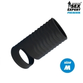 Черная открытая насадка на пенис с кольцом для мошонки size M - 7,9 см. - Sex Expert - в Одинцово купить с доставкой