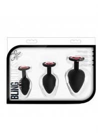 Набор черных анальных пробок с красным кристаллом-сердечком Bling Plugs Training Kit - Blush Novelties - купить с доставкой в Одинцово