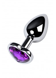 Серебристая коническая анальная пробка с фиолетовым кристаллом-сердечком - 7 см. - ToyFa - купить с доставкой в Одинцово