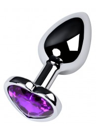 Серебристая коническая анальная пробка с фиолетовым кристаллом-сердечком - 7 см. - ToyFa - купить с доставкой в Одинцово