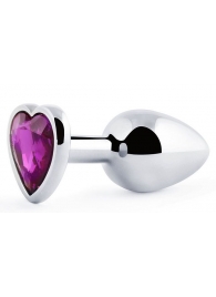 Серебристая анальная пробка с фиолетовым кристаллом-сердечком - 8 см. - Anal Jewelry Plug - купить с доставкой в Одинцово