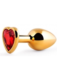 Золотистая анальная пробка с красным стразом-сердечком - 8 см. - Anal Jewelry Plug - купить с доставкой в Одинцово