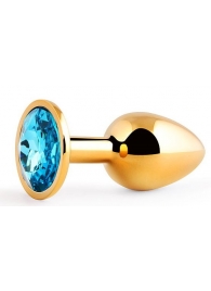 Золотистая анальная пробка с голубым стразом - 7,2 см. - Anal Jewelry Plug - купить с доставкой в Одинцово