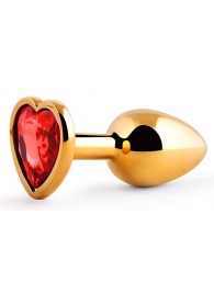 Золотистая анальная пробка с красным стразом-сердечком - 7 см. - Anal Jewelry Plug - купить с доставкой в Одинцово