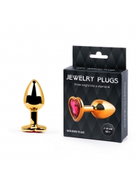 Золотистая анальная пробка с малиновым кристаллом-сердечком - 7 см. - Anal Jewelry Plug - купить с доставкой в Одинцово