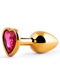 Золотистая анальная пробка с малиновым кристаллом-сердечком - 7 см. - Anal Jewelry Plug - купить с доставкой в Одинцово