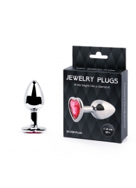 Серебристая анальная пробка с малиновым кристаллом-сердечком - 7 см. - Anal Jewelry Plug - купить с доставкой в Одинцово