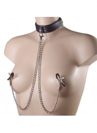 Черный ошейник с металлическими зажимами на соски и поводком - Sitabella - купить с доставкой в Одинцово