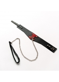 Черный широкий ошейник с красным декором и поводком - Crazy Handmade - купить с доставкой в Одинцово