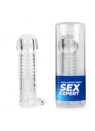 Прозрачная рельефная насадка-реалистик с петлей для мошонки - 13,5 см. - Sex Expert - в Одинцово купить с доставкой
