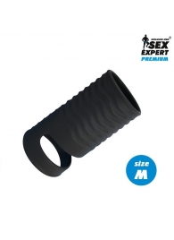 Черная открытая насадка на пенис с кольцом для мошонки size M - 7,9 см. - Sex Expert - в Одинцово купить с доставкой
