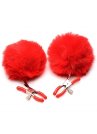 Красные зажимы на соски с помпонами Pom Pom - XR Brands - купить с доставкой в Одинцово