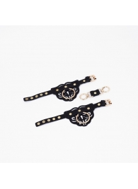 Черные кожаные наручники с клепками, кольцами и золотистой фурнитурой - Crazy Handmade - купить с доставкой в Одинцово