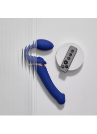 Синий безремневой страпон Multi Orgasm Bendable Strap-On size L с клиторальной стимуляцией - Strap-on-me - купить с доставкой в Одинцово