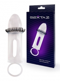 Закрытая насадка на пенис с подхватом мошонки и стимулирующими «ресничками» - Sextaz - в Одинцово купить с доставкой