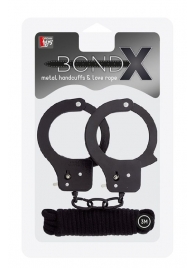 Чёрные наручники из листового металла в комплекте с веревкой BONDX METAL CUFFS LOVE ROPE SET - Dream Toys - купить с доставкой в Одинцово