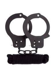 Чёрные наручники из листового металла в комплекте с веревкой BONDX METAL CUFFS LOVE ROPE SET - Dream Toys - купить с доставкой в Одинцово