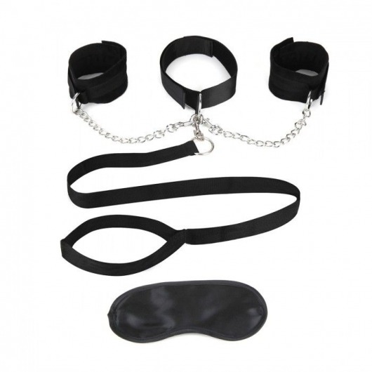 Чёрный ошейник с наручниками и поводком Collar Cuffs   Leash Set - Lux Fetish - купить с доставкой в Одинцово