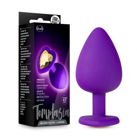 Фиолетовая анальная пробка Bling Plug Large с золотистым стразом - 9,5 см. - Blush Novelties - купить с доставкой в Одинцово