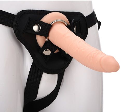 Телесный страпон на черных трусиках STRAP ON REAL DILDO - 20 см. - Dream Toys - купить с доставкой в Одинцово
