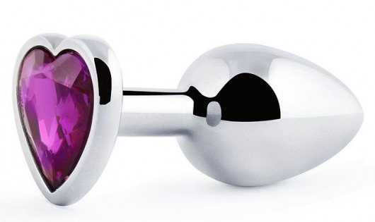 Серебристая анальная пробка с фиолетовым кристаллом-сердечком - 8 см. - Anal Jewelry Plug - купить с доставкой в Одинцово