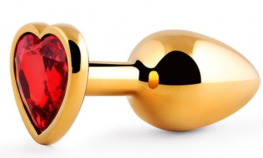 Золотистая анальная пробка с красным стразом-сердечком - 8 см. - Anal Jewelry Plug - купить с доставкой в Одинцово