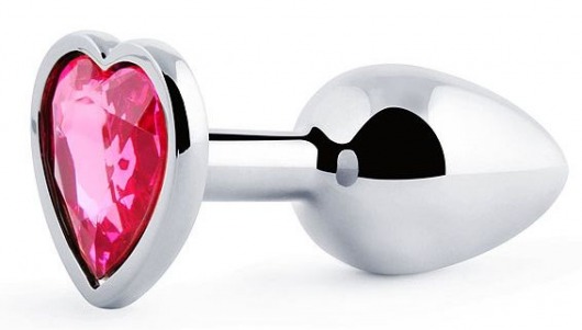Серебристая анальная пробка с розовым кристаллом-сердечком - 7 см. - Anal Jewelry Plug - купить с доставкой в Одинцово
