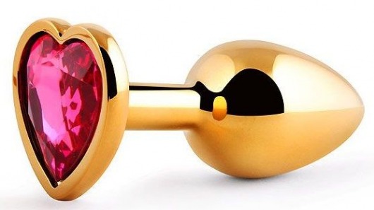 Золотистая анальная пробка с малиновым кристаллом-сердечком - 7 см. - Anal Jewelry Plug - купить с доставкой в Одинцово