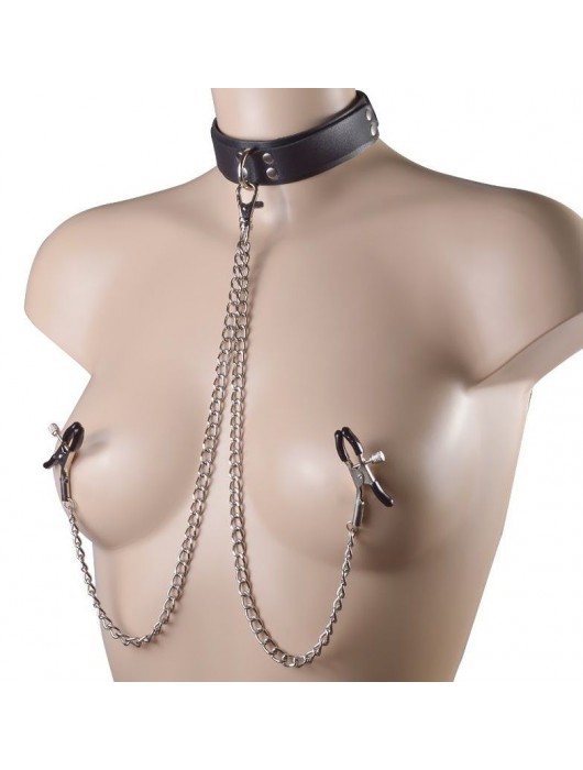 Черный ошейник с металлическими зажимами на соски и поводком - Sitabella - купить с доставкой в Одинцово