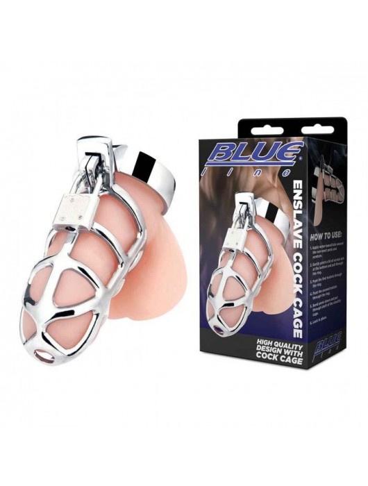 Серебристая металлическая клетка для члена с замком Enslave Cock Cage - BlueLine - купить с доставкой в Одинцово
