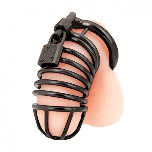 Черная металлическая клетка с замком Deluxe Chastity Cage - BlueLine - купить с доставкой в Одинцово