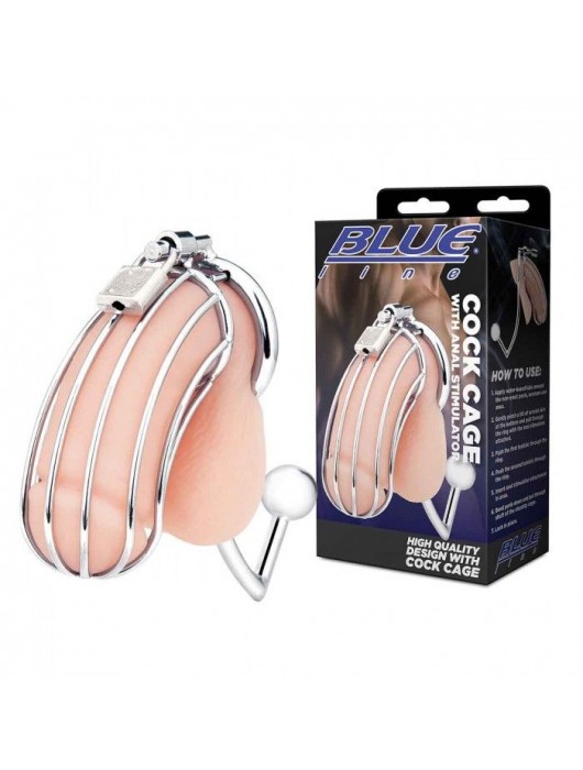 Серебристая металлическая клетка с анальным стимулятором Cock Cage - BlueLine - купить с доставкой в Одинцово