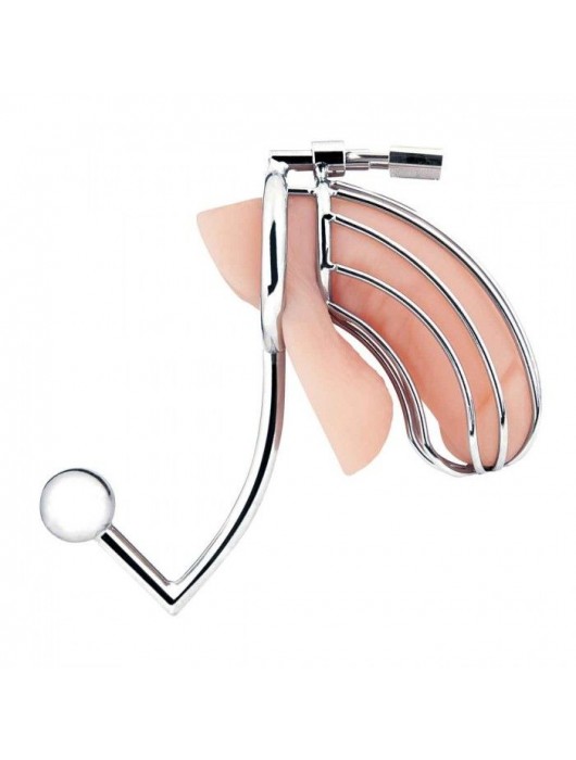 Серебристая металлическая клетка с анальным стимулятором Cock Cage - BlueLine - купить с доставкой в Одинцово