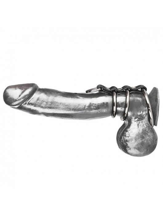 Хомут на пенис из трех металлических колец и кольца для привязи 3 RING GATES OF HELL - BlueLine - купить с доставкой в Одинцово