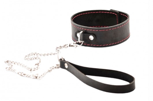 Черный широкий ошейник с красной строчкой и поводком - Crazy Handmade - купить с доставкой в Одинцово