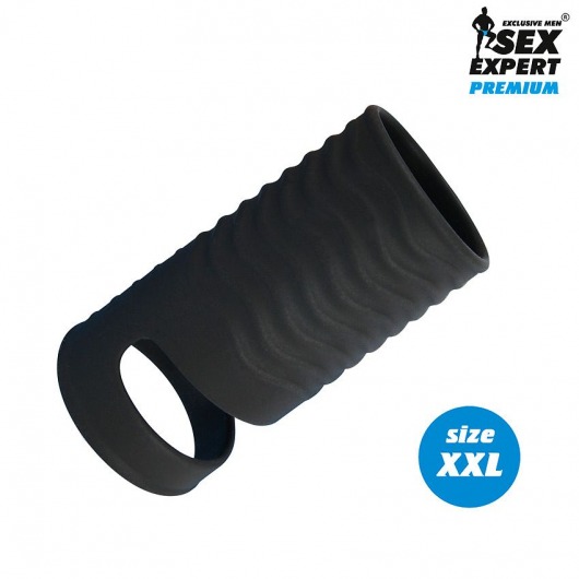 Черная открытая насадка на пенис с кольцом для мошонки XXL-size - 9,4 см. - Sex Expert - в Одинцово купить с доставкой