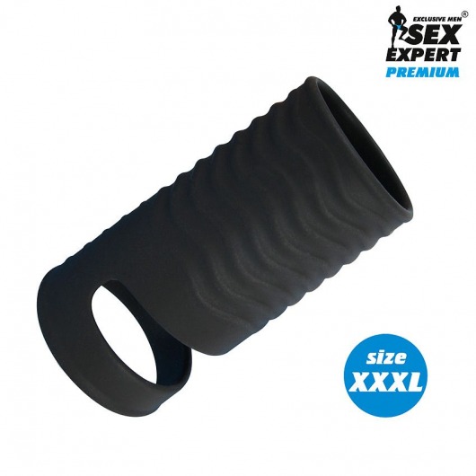 Черная открытая насадка на пенис с кольцом для мошонки XXXL-size - 9,9 см. - Sex Expert - в Одинцово купить с доставкой