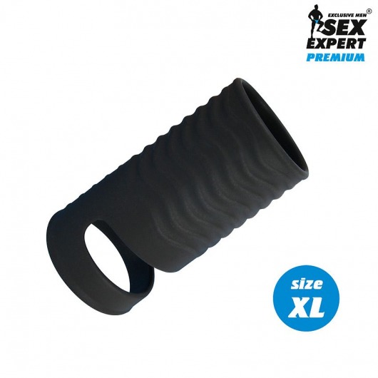 Черная открытая насадка на пенис с кольцом для мошонки XL-size - 8,9 см. - Sex Expert - в Одинцово купить с доставкой