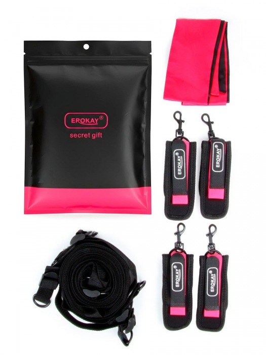 Черно-розовый эротический набор: фиксатор, оковы, наручники, повязка - Erokay - купить с доставкой в Одинцово