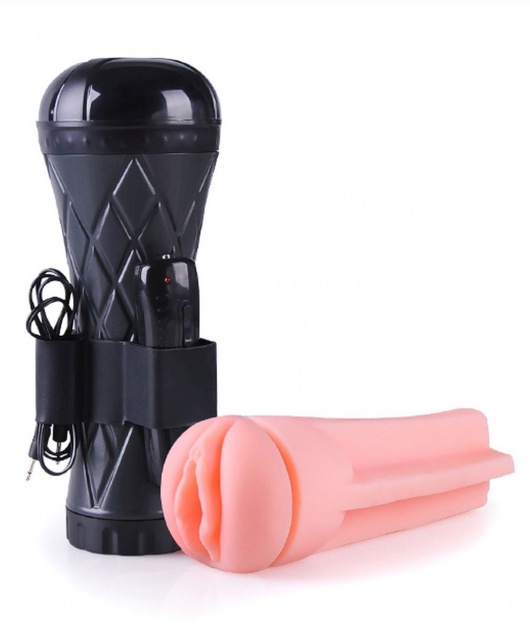 Телесный мастурбатор-вагина в черной колбе с вибрацией - Boys of Toys - в Одинцово купить с доставкой